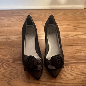 Stuart Weitzman black Satin Pointed-Toe Pumps with Rosette